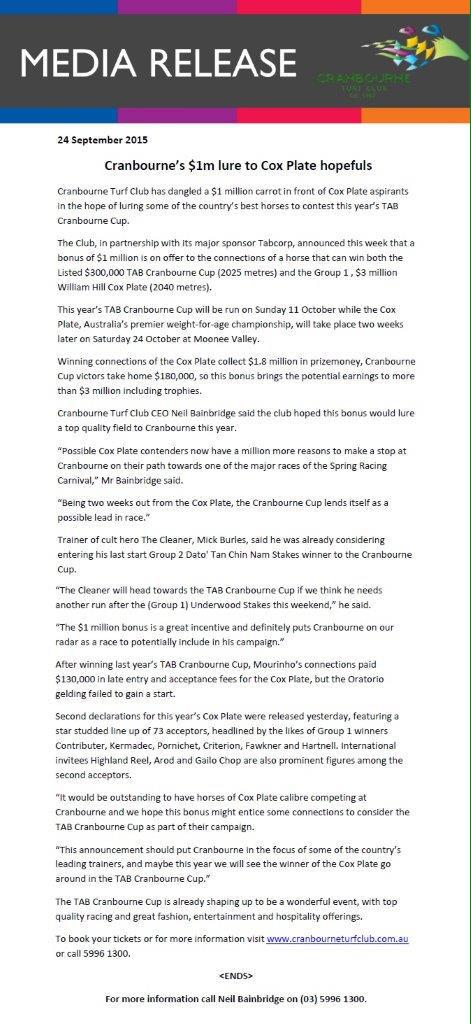 SthsideRacing's tweet image. In partnership with our major sponsor @tabcomau we are offering $1Million bonus on TAB CranbourneCup @CoxPlate double