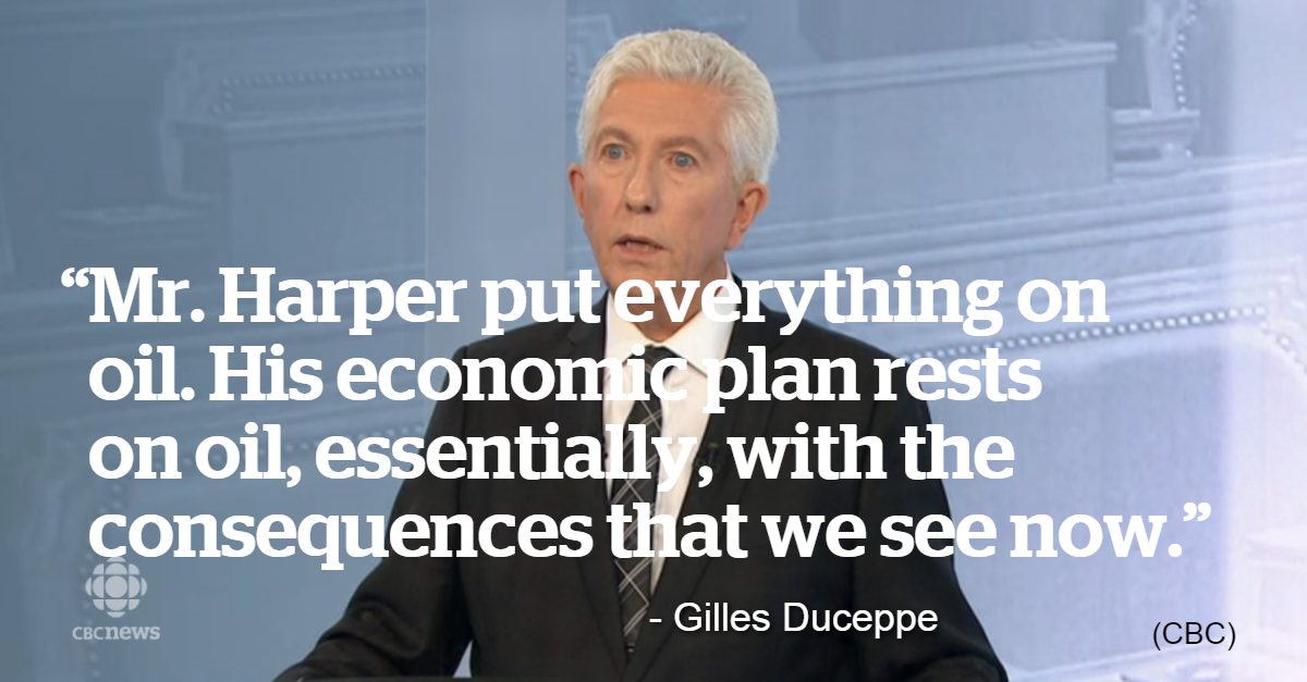 CBCNews's tweet image. “Mr. Harper put everything on oil [...] with the consequences that we see now." - Gilles Duceppe