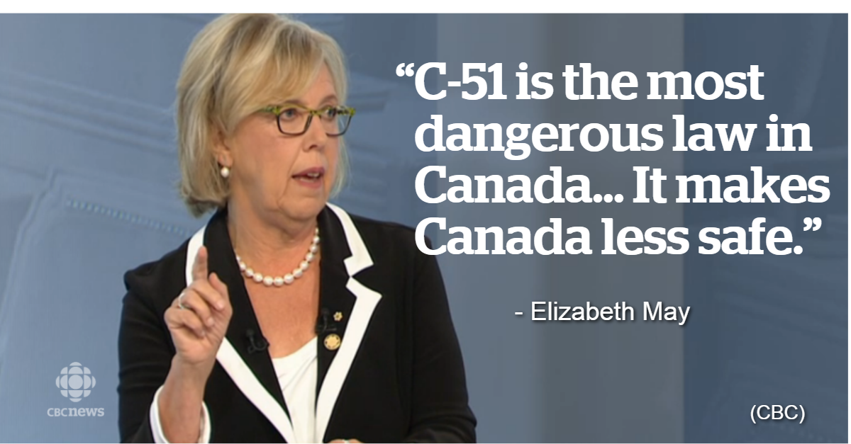 CBCNews's tweet image. "C-51 is the most dangerous law in Canada... It makes Canada less safe." - Elizabeth May cbc.ca/1.3242417