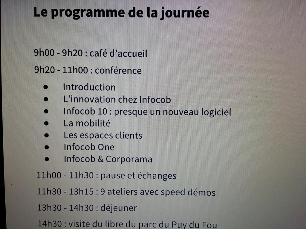 InfocobSolution's tweet photo. Voici le programme de la journée #Infocob10 que vous pouvez suivre aussi sur Périscope
:#CRM
#Infocob
#PuyduFou http://t.co/Pn2tmo9VRs