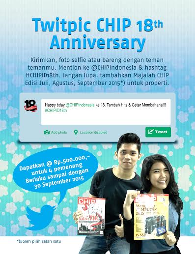 GridGamesID's tweet photo. Mau hadiah uang tunai 500 rb? Ikutan kotes twitpic #CHIPID18th aja. Ada 4 pemenang! Caranyanya lihat di poster ya. http://t.co/XgGkJX4si3