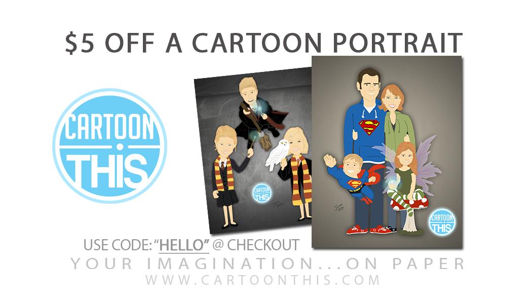 CartoonThis's tweet image. $5 off a Cartoon Portrait! #dealoftheday #sale use code: HELLO at checkout #cartoon