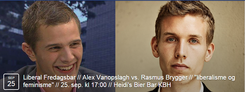 LiberalFredag's tweet photo. @AlexVanopslagh og @RasmusBrygger debatterer #feminisme og #Liberalisme i aften kl 17:30 på Heidi's. #dkpol #LAU http://t.co/PXtTSH7aO4