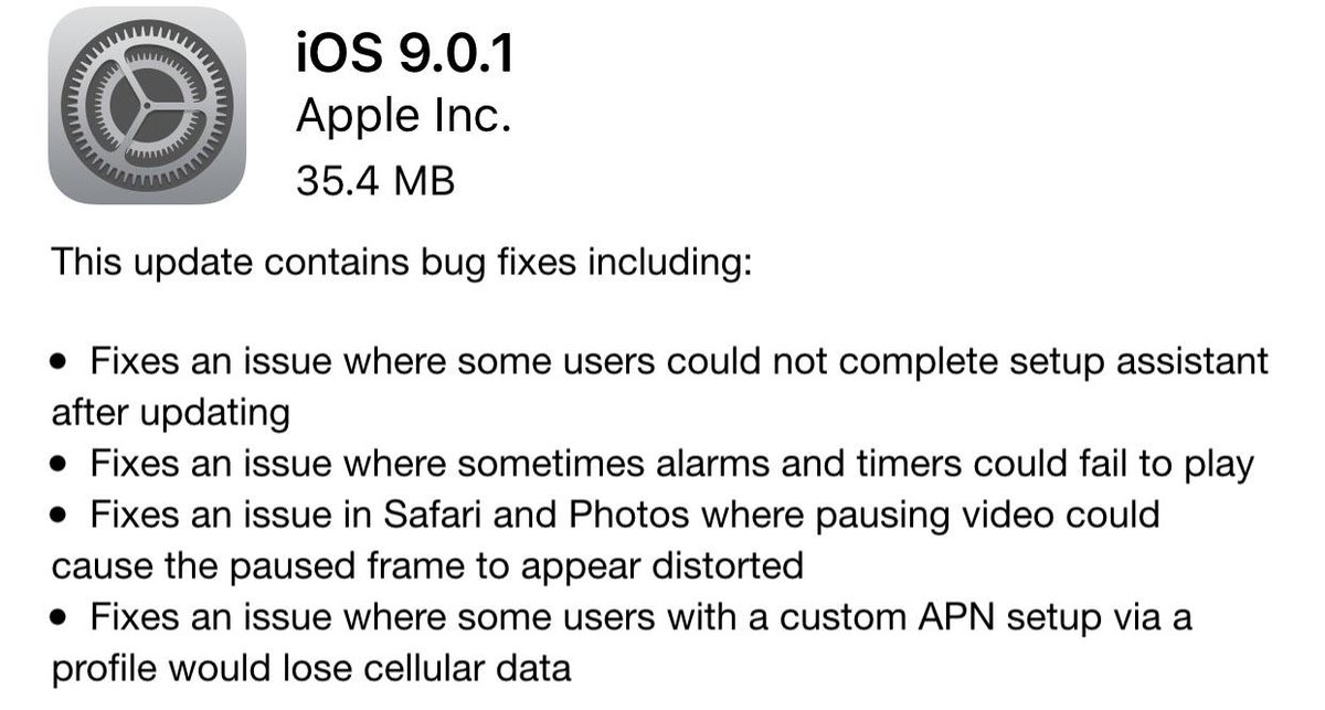 webcabtech's tweet photo. iOS 9.0.1 Update is Released. Major Bug fixes.
#wnews #webcabtechnologies #Apple #iOS9
http://t.co/fiR6gnVeJH http://t.co/ytFR6gly4L