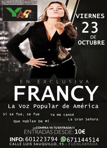 eventosmadridd's tweet photo. Francy la voz popular este 23 de octubre en la discoteca yare #Madrid  #España #Concierto #Conciertos http://t.co/AJIMmuoTiq