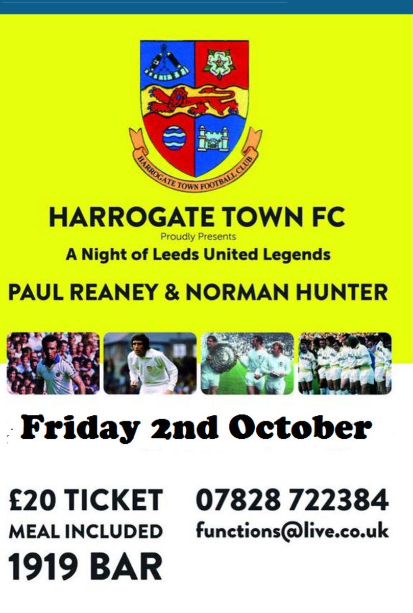 HTAFCCommercial's tweet image. LEEDS LEGENDS: Just 1 week to go!! 2 Tables of 8 available at £100 each. Call 07828 722384 for info &amp;amp; to pay by card.