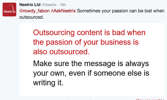 Neetrix's tweet photo. The question was: Do you believe that #outsourcing your #content #marketing is a good or regressive idea? #AskNeetrix http://t.co/dyHG6KqBZl