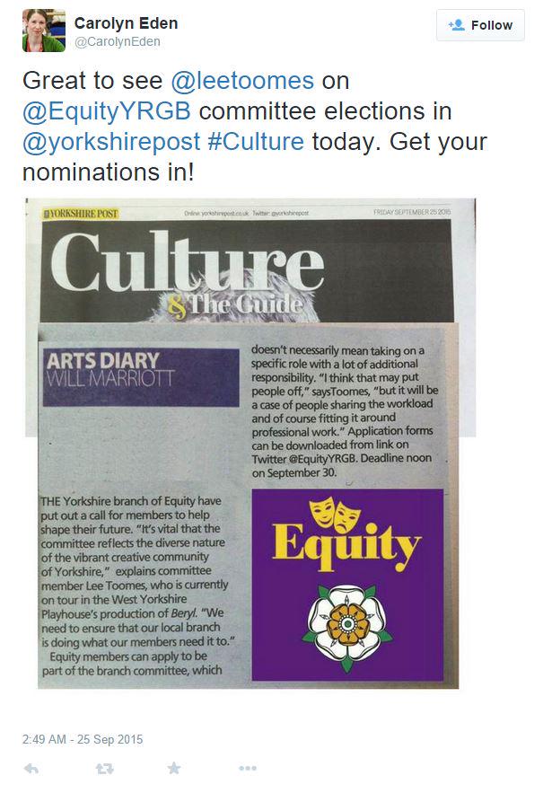 Well done <a href="/Equity/">Equity</a>YRGB Yorkshire Post #liveentworks @Equity UK @EquityWSWLondon #liveentertainmentworks <a href="/EquityYMC/">Equity Young Members Committee</a>