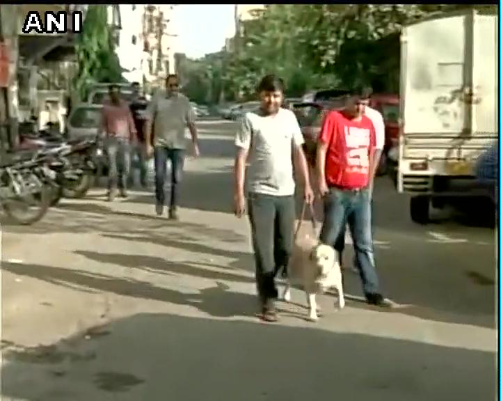 ANI's tweet image. Delhi police team reaches Somnath Bharti's residence to arrest him, picks up his dog 'Don' instead.
