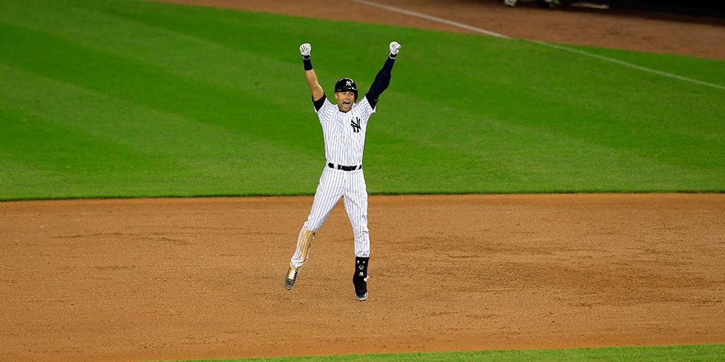 Yankees's tweet photo. One year ago, history happened. Thanks to @BofA_Community, you can share Derek Jeter memories with #MLBmemorybank. http://t.co/HsjLnK6tyL