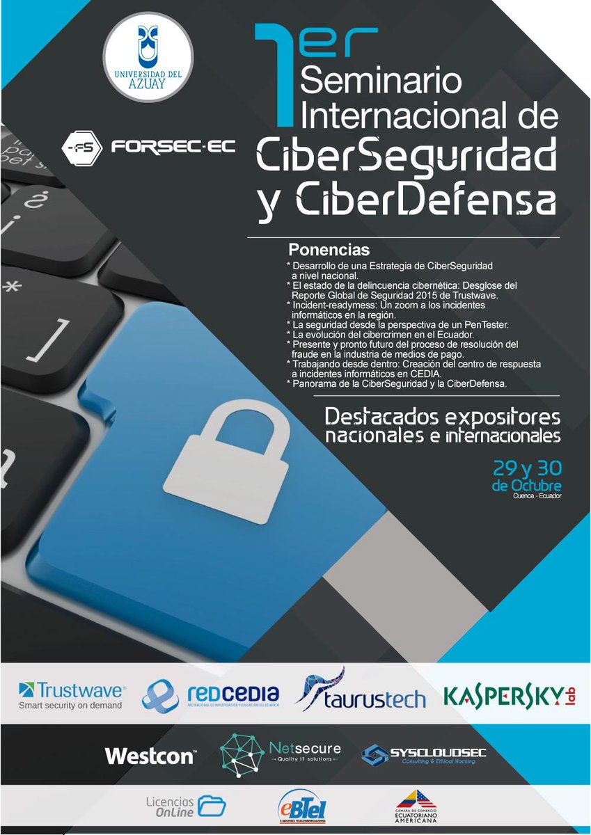 davilal's tweet photo. #CibSegEC15 @montescarlos @SamuraiBlanco @ElevenPaths @Trustwave @SpiderLabs @kaspersky @cjumbo @InfoSecEcuador http://t.co/SzlD12Nfyo