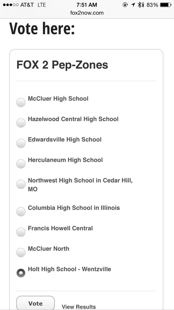 HoltStucoo's tweet photo. Go vote for Holt on Fox 2 News website for the pep zone! The link is now attached. http://t.co/mUMABDh2YZ http://t.co/uD8KEWg6FU