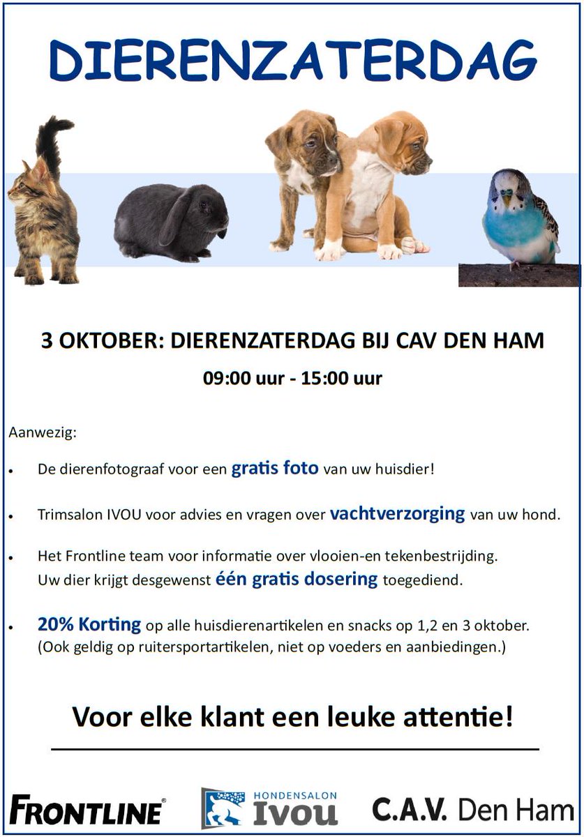 CAVDenHam's tweet photo. Zaterdag 3 okt. #DIERENZATERDAG Winkel CAV Den Ham. 9-15:00 uur. Foto's, advies, korting en leuke attentie @CAVwinkel http://t.co/djC3wiponA