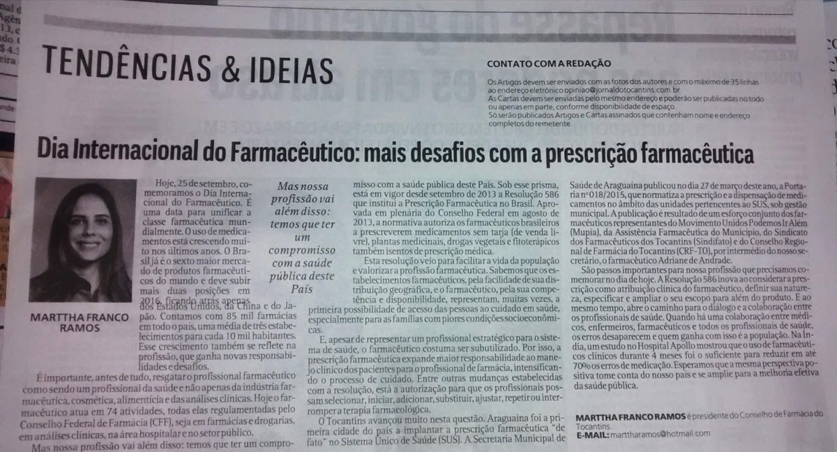 Olha a pres. do CRF-TO @MartthaFrancoRa no <a href="/jornaltocantins/">Jornal do Tocantins</a> de hj. Leia: goo.gl/Hzdc7o
