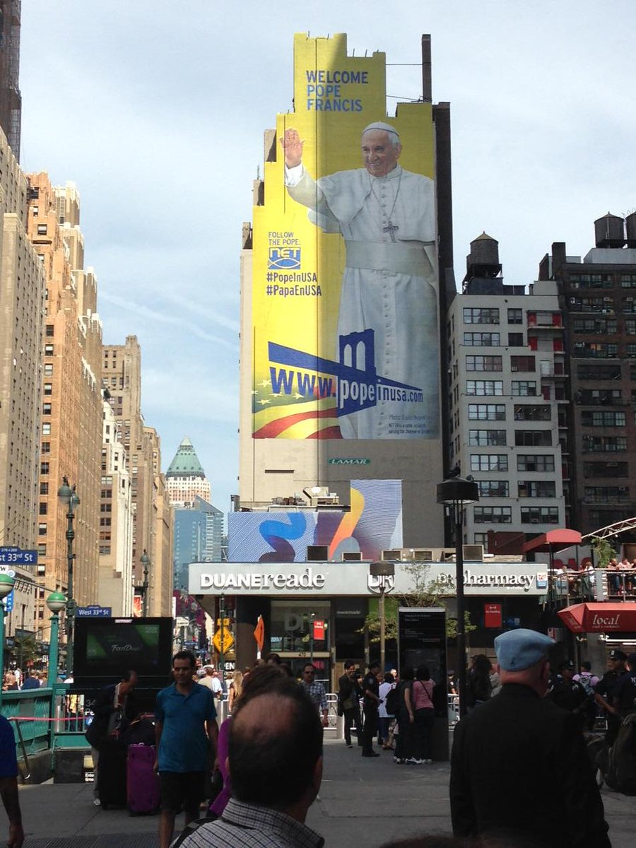 jimog's tweet photo. BREAKING. The pope is, like, four stories tall. (He seems smaller on TV.) #PopeInNYC #indepthcoverage @WNYC http://t.co/5kVhb2WK9q