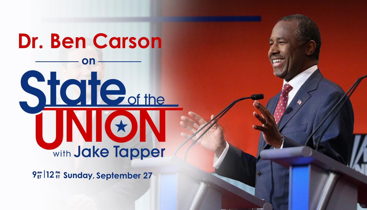 CNNSOTU's tweet photo. .@RealBenCarson will join @jaketapper on #CNNSOTU to discuss his comments on Muslims &amp; his steady rise in 2016 polls. http://t.co/z226oObV0K