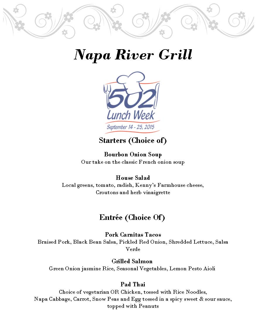 NapaRiverGrill's tweet photo. Last day to enjoy a fab 2-course lunch for only $15 during #502LunchWeek! See you for lunch! @Do502 #502foodie #lunch http://t.co/YqZziptQY3