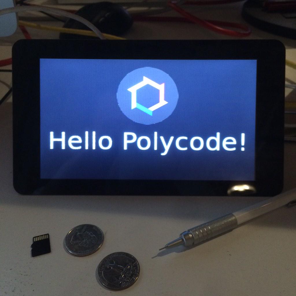 Polycode's tweet image. Polycode running on a RaspberryPi (+LCD touchscreen) w/ direct GPU access (no X11!) using the upcoming ES2 renderer.