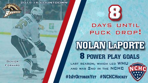 8 DAYS until the 2015-16 season! <a href="/WMUHockey/">WMU Hockey</a>'s LaPorte was 2nd in #NCHCHockey with 8 PP goals in 14-15 #IsItOctoberYet