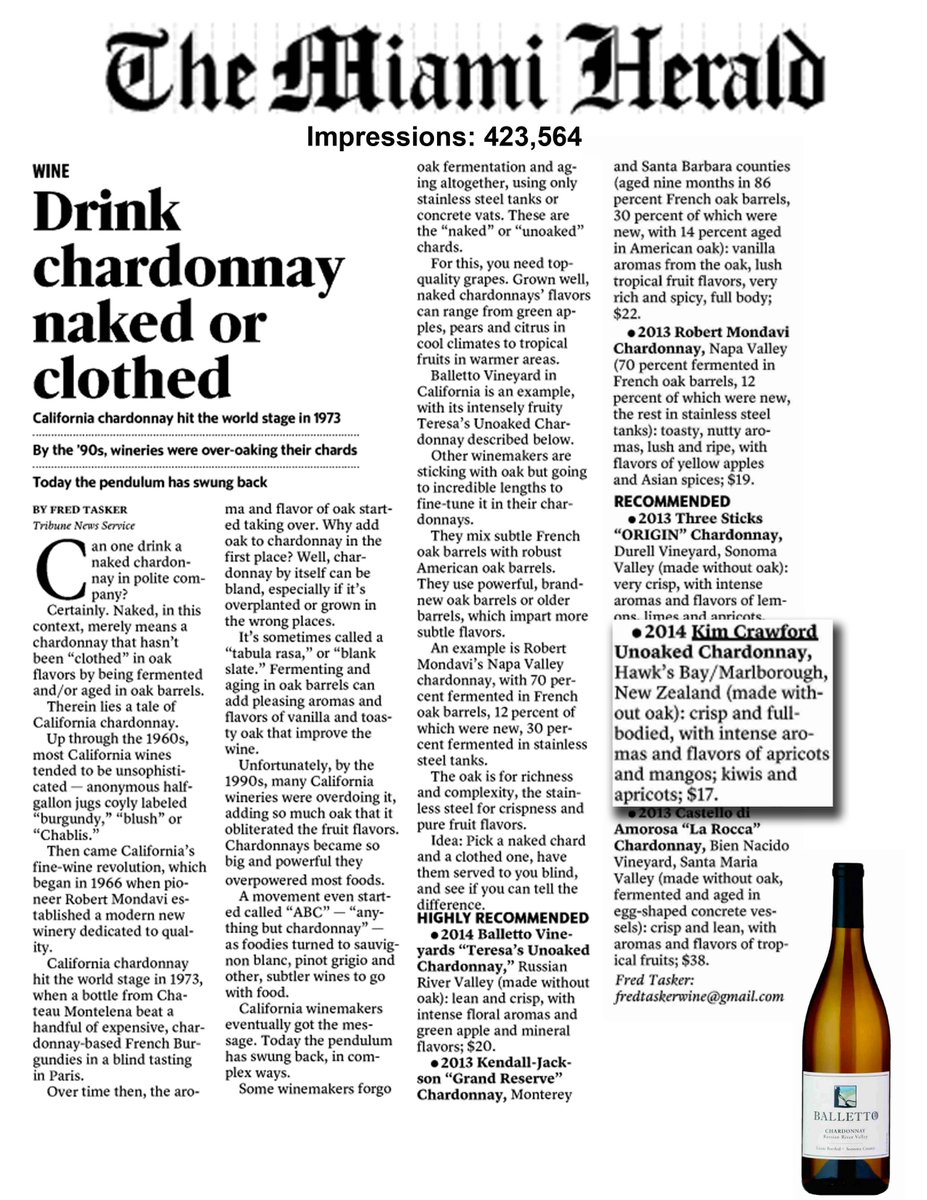 Thank you <a href="/FredTaskerMiami/">Fred Tasker</a> for <a href="/kimcrawfordwine/">Kim Crawford Wines</a> in “You can drink chardonnay naked or clothed" article <a href="/MiamiHerald/">Miami Herald</a>