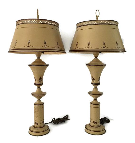 Tole Table Lamps Touchiere Set of Two Hand Painted Beige Tin Lamps c1950 buff.ly/1WnuFU3 #vintage #estygifts