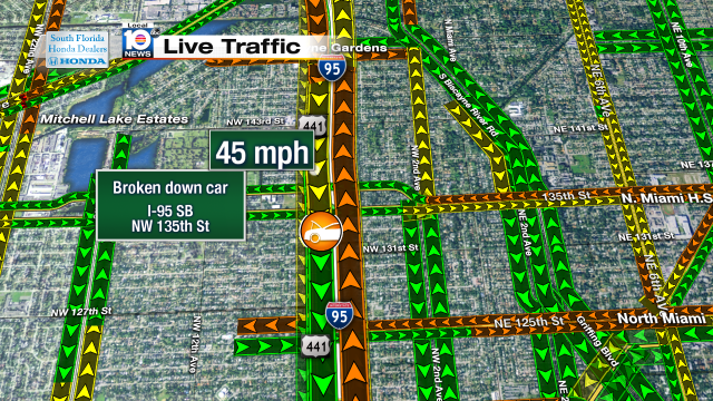 Broken down car on I-95 SB at NW 135th St. Speeds at 45mph #traffic #miami @JeniseFernandez http://t.co/IogbzUOZF4