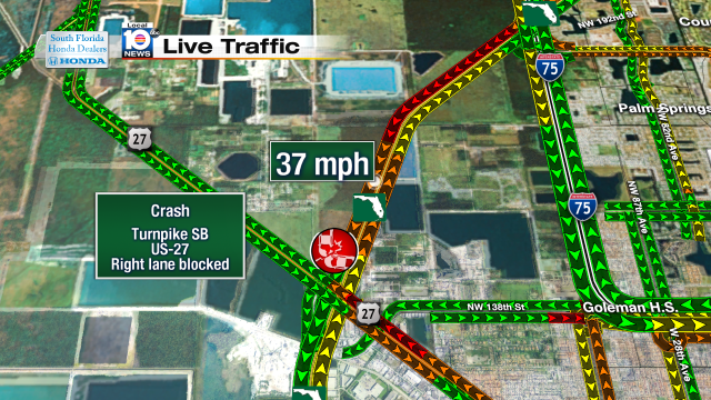 Crash on Turnpike SB at US-27. Speeds at 37mph #traffic #miami @JeniseFernandez http://t.co/rdp40LJ69X