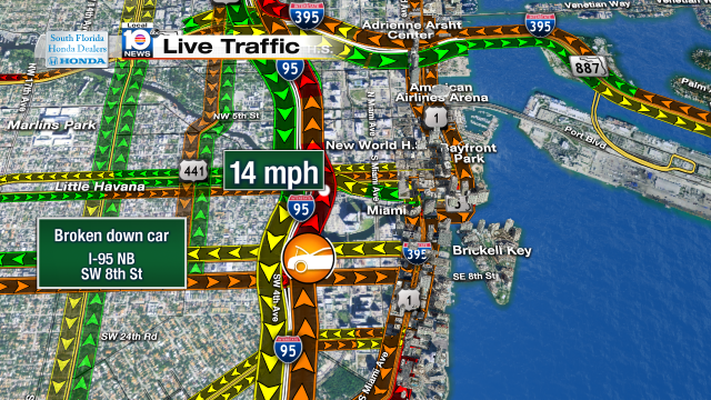 Broken down car on I-95 NB at SW 8th St. Speeds at 14mph #traffic #miami @JeniseFernandez http://t.co/Spda53IfHM
