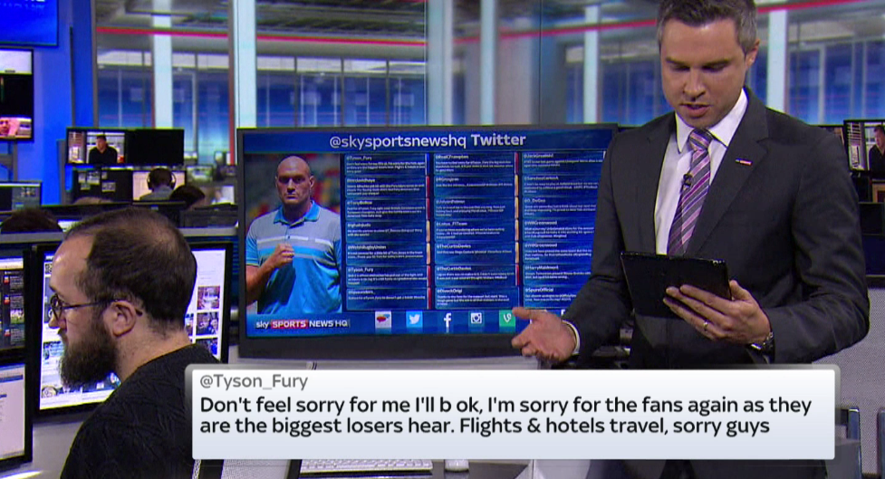 SkySportsNews's tweet photo. Tyson Fury has apologised to the fans after Wladimir Klitschko pulled out of their fight #SSNHQ http://t.co/azQcl96h4Q