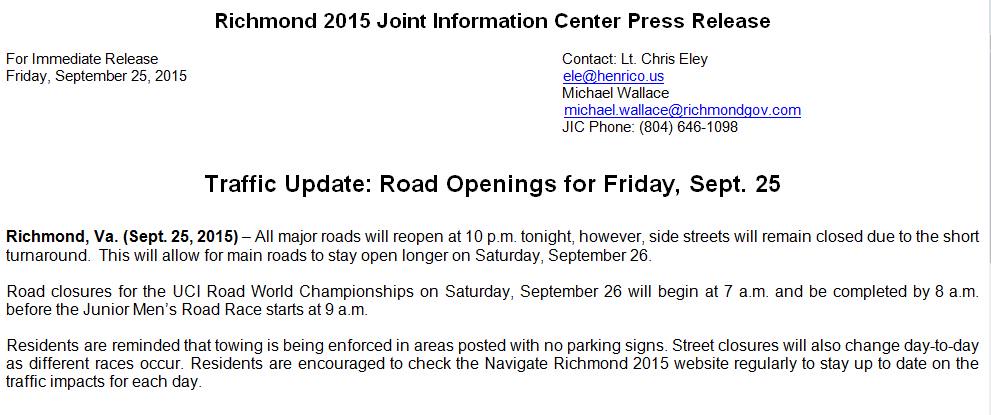 *Please Retweet* Road closure UPDATE <a href="/CBS6/">WTVR CBS 6 Richmond</a> <a href="/8NEWS/">8News WRIC Richmond</a> <a href="/NBC12/">NBC12 is now 12 On Your Side</a> @1140WRVA <a href="/RTDNEWS/">Richmond Times-Dispatch</a> #Richmond2015