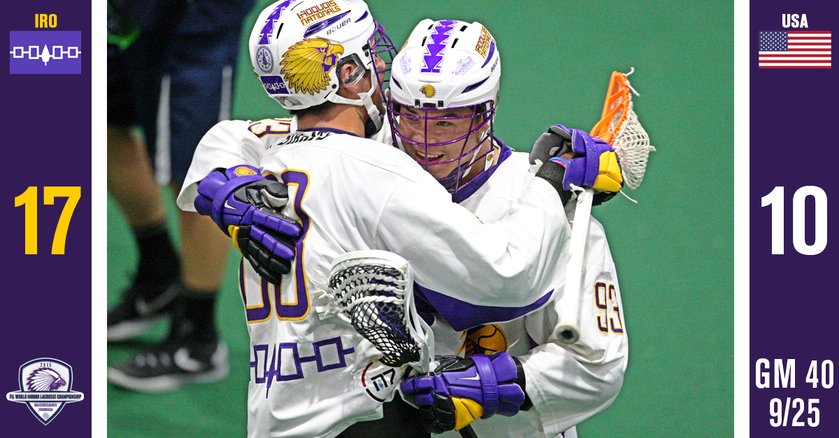 WILC_2015's tweet photo. IRO is headed to #WILC2015 Gold Medal Game! Rematch against CAN.

Final Score:
@iroquoisnatslax - 17
@USLacrosse - 10 http://t.co/agoKyQmikD