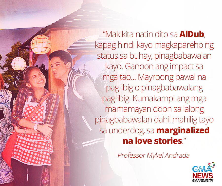 gmanews's tweet photo. "Mahilig ang mga Pilipino sa marginalized love stories" - Prof. Mykel Andrada #ALDubEBforLOVE http://t.co/eQA5Z7sT5o http://t.co/Wc7GskZvRF