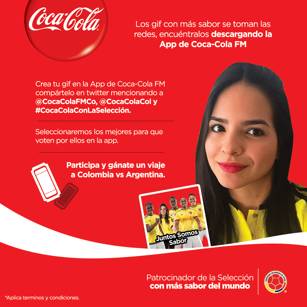 CocaColaForMeCo's tweet photo. Sigan creando los gif con más sabor. En nuestra app o desde http://t.co/Xk0SNEbD40
#CocaColaConLaSelección http://t.co/TsyQRWA7kX