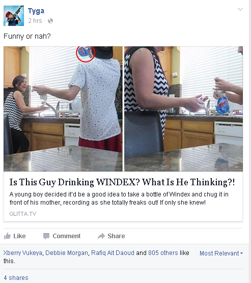 FaZeRug's tweet photo. Tyga posted on Facebook about my Gatorade in Windex prank!! That's so sick http://t.co/BIOJN9w7ph