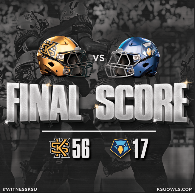 kennesawstfb's tweet photo. OWLS WIN!!! Your Owls rushed for a total of 391 yards. KSU 56 POINT 17 #WitnessKSU http://t.co/Adf4baogbn