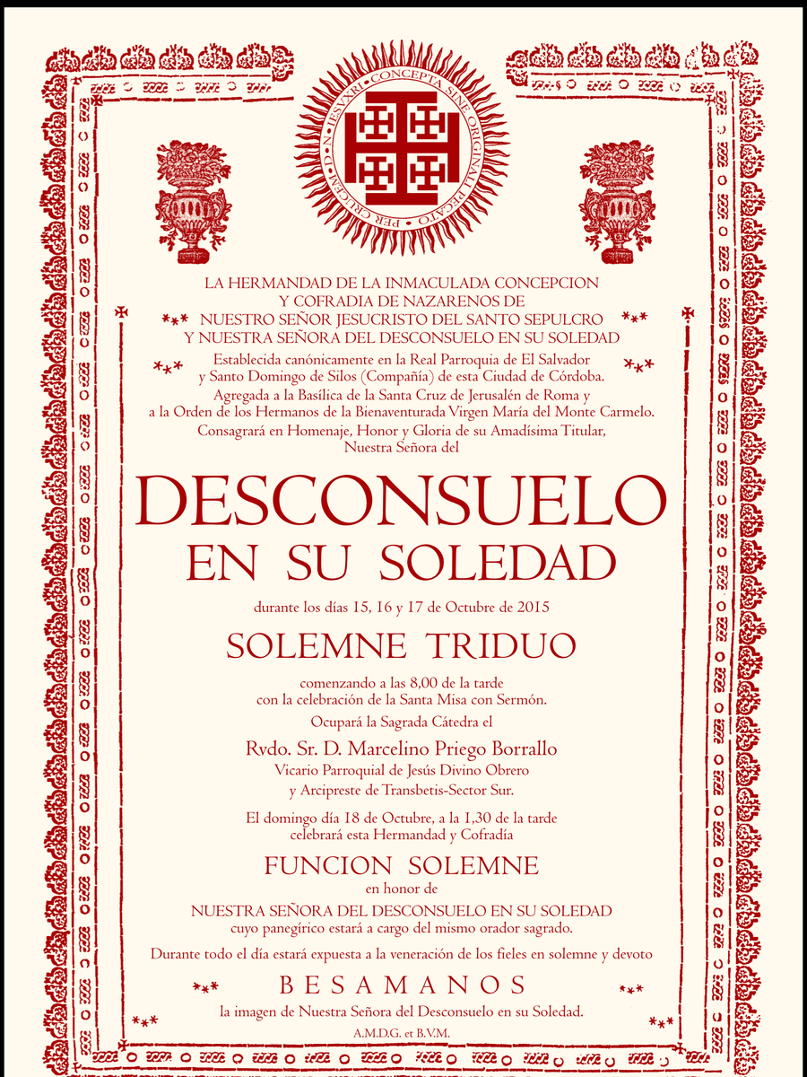 Cartel de Cultos en honor a Nuestra Señora del Desconsuelo en su Soledad bit.ly/1LCEsUR