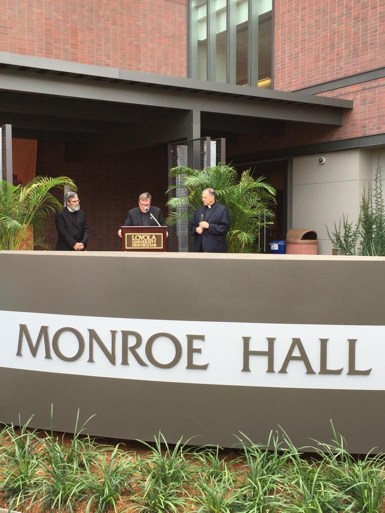 Loyola_NOLA's tweet photo. President Fr. Wildes, University Chaplain Fr. Ted Dziak and Bro. Guy Consolmagno give the blessing of #MonroeHall! http://t.co/TJ1562penY