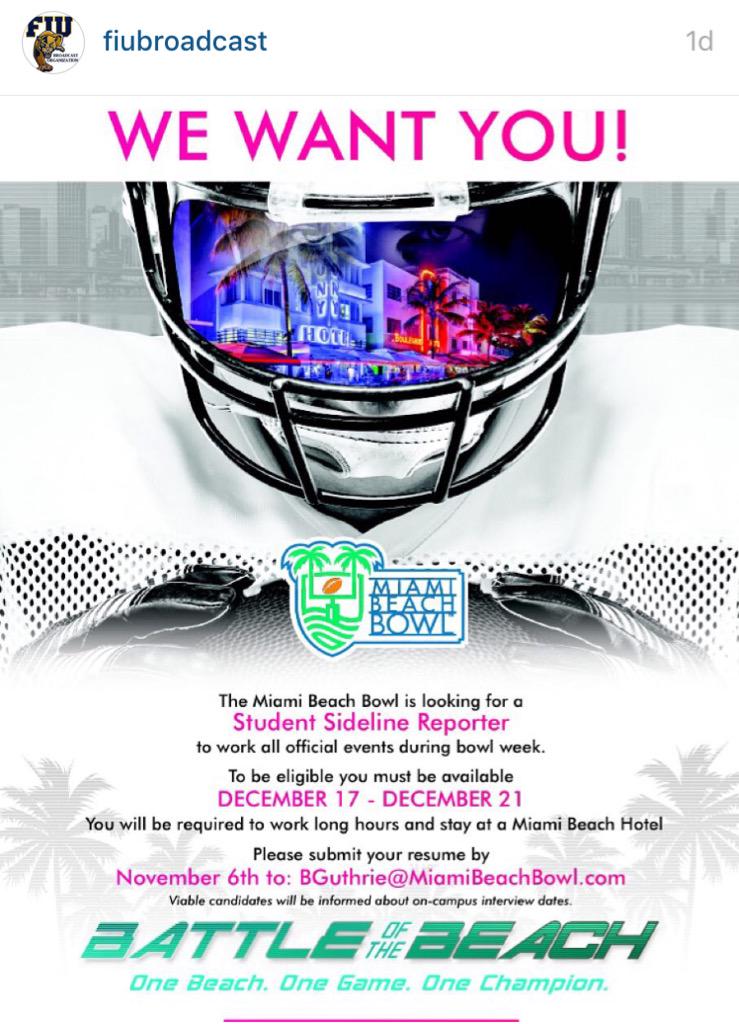 FIUbroadcast's tweet photo. SPORTS OPPORTUNITY: become to official sideline reporter for the @MiamiBeachBowl! 

Apply soon, deadline: Nov 6 http://t.co/YP0c1elVnb