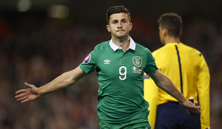 Squawka's tweet photo. Shane Long celebrating firing the Republic of Ireland ahead vs. Germany. http://t.co/JrJb5KSQRR