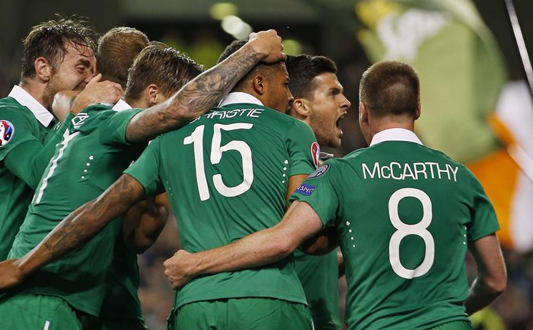 Squawka's tweet photo. Shane Long celebrating firing the Republic of Ireland ahead vs. Germany. http://t.co/JrJb5KSQRR