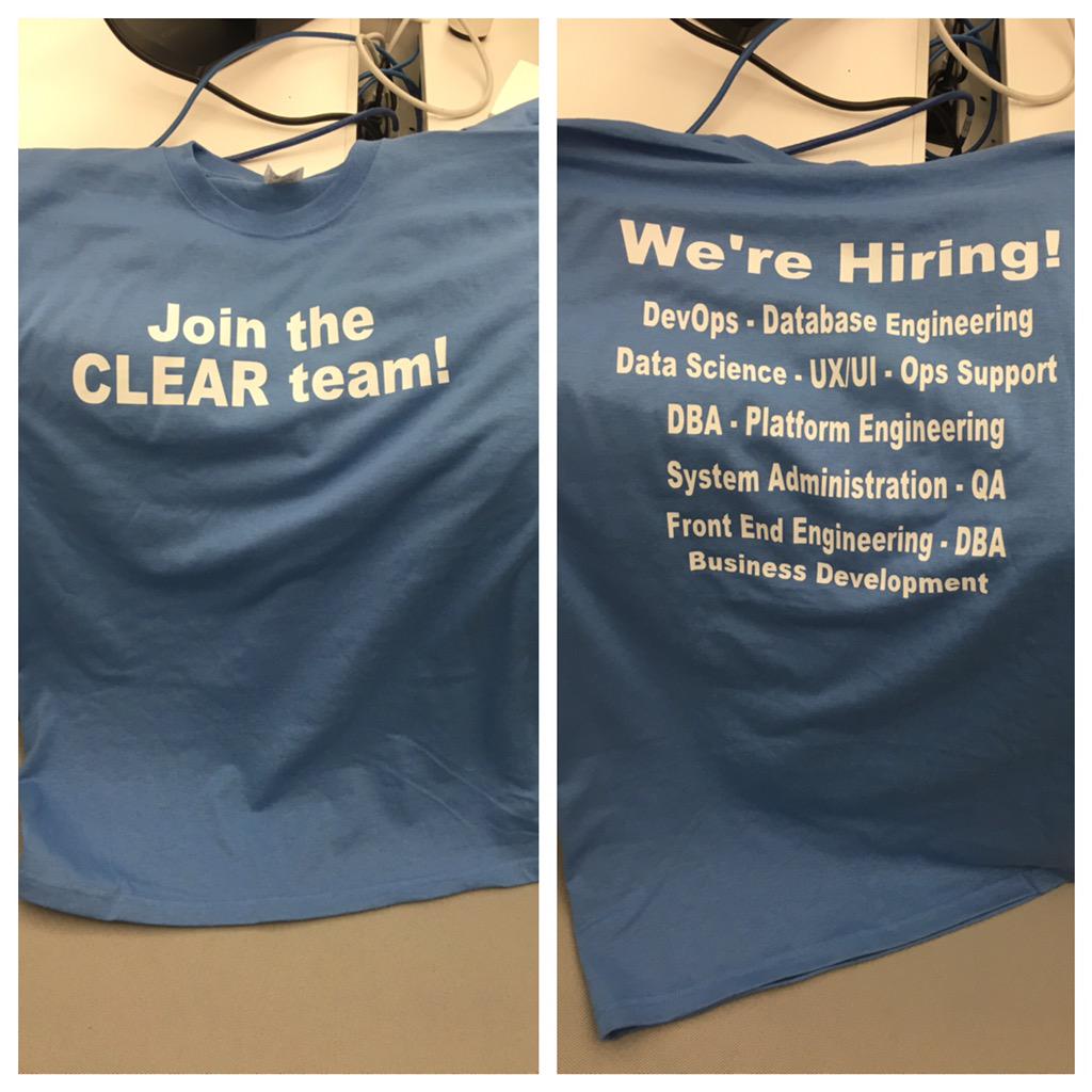 KevinLupowitz's tweet photo. Join the @CLEAR_me team!! We're hiring!! #DevOps #DBengineer #Java #xamarin #sysadmin #datascience http://t.co/7q5PbKpDvW