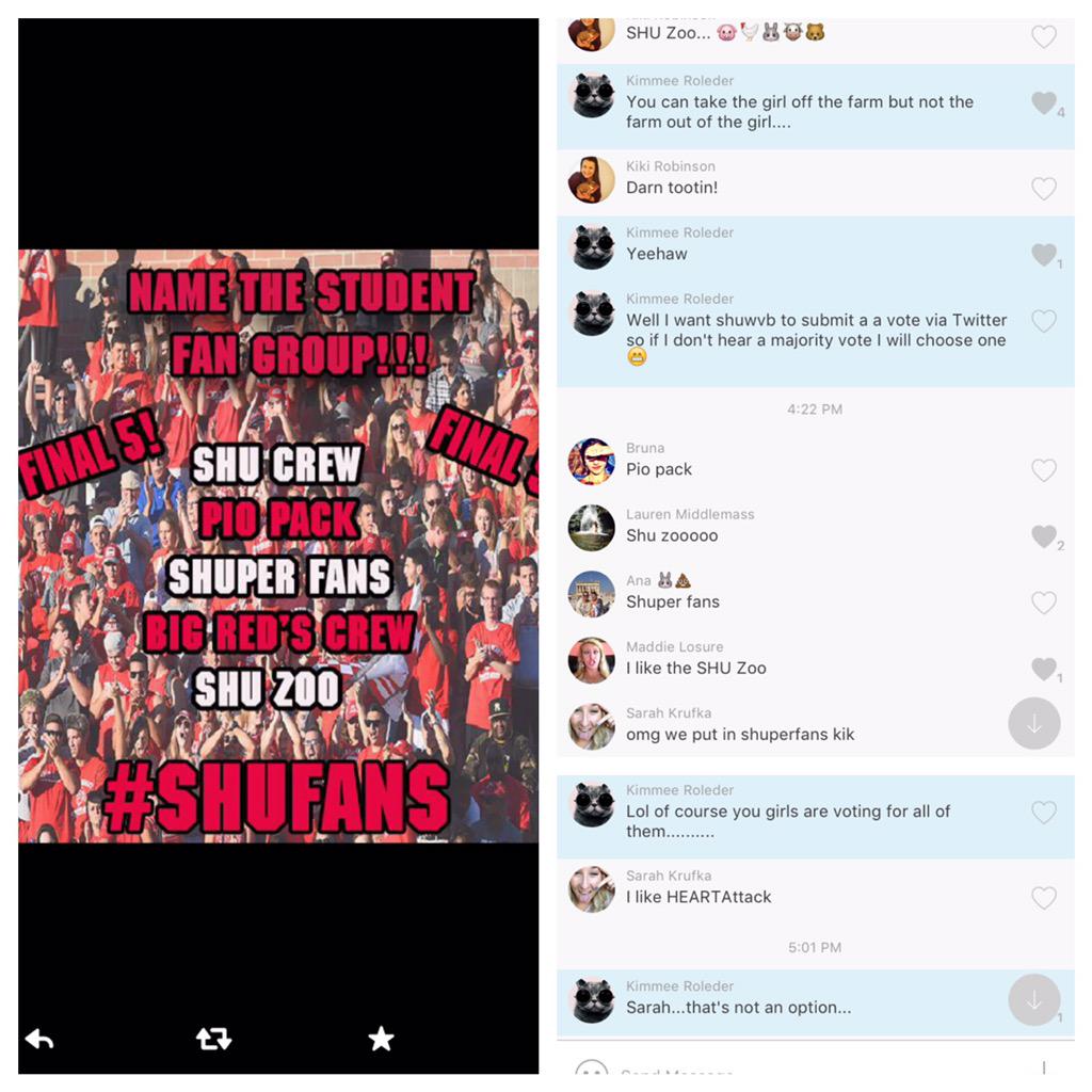 sacredheartwvb's tweet photo. Tried to get a team vote for the fan group name but we like them all! What will it be!? @SHUBigRed #shufans #GoPios http://t.co/3njpmqpQAE