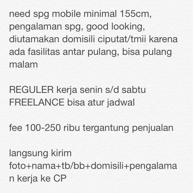 cynthialaraas's tweet image. Need SPG domisili jakbar/ciputat/tmii . CP: Azhary 081211646997 / 560840a2 @pakarSPG