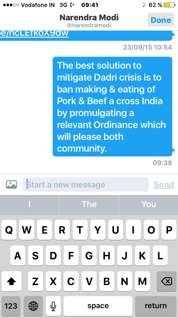 dkgdelhi's tweet photo. PM @narendramodi pl ban making &amp; eating of Pork and Beef across Bharat immediately to defuse Dadri Crisis. #DMsent http://t.co/5jrtBAcHy8