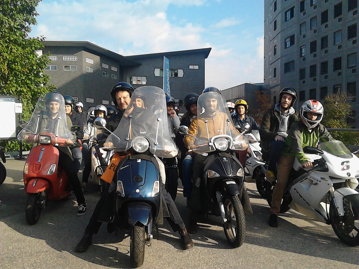 polimi's tweet photo. #Vesparch con Cino #Zucchi  tour in vespa #architetture di #Milano #Asnago #Vender Caccia #Dominioni #Miarch2015 http://t.co/PDy3t9lNPK