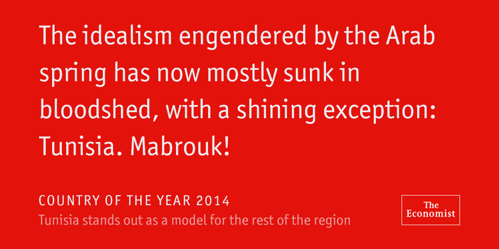 TheEconomist's tweet photo. The 2015 #NobelPrize for Peace goes to Tunisia. Our country of the year in 2014 http://t.co/1fS7aIus5o http://t.co/lFCnvSte2C