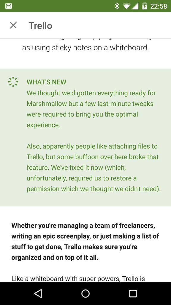 Funny release notes from latest version of <a href="/trello/">Trello by Atlassian</a> Android app.