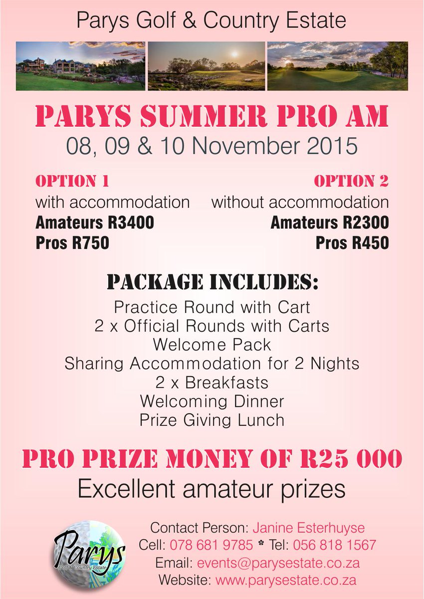 ParysGolfEstate's tweet photo. Parys Summer Pro Am 8-10 Nov 2015 @ParysGolfEstate. R25 000 pro prize money to be won. 0568181567
@PGASA http://t.co/H4gJkVIekE