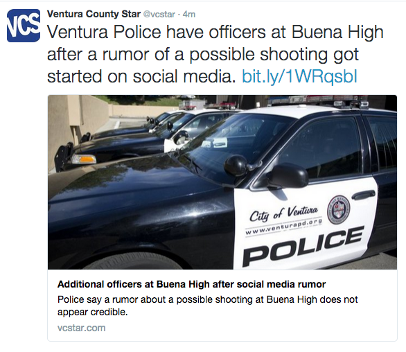 vcstar's tweet photo. Update: Rumor involved a weapon being brought to school, not a shooting. Story being updated. http://t.co/8HErdH7W9W http://t.co/lUYJHYgu9F