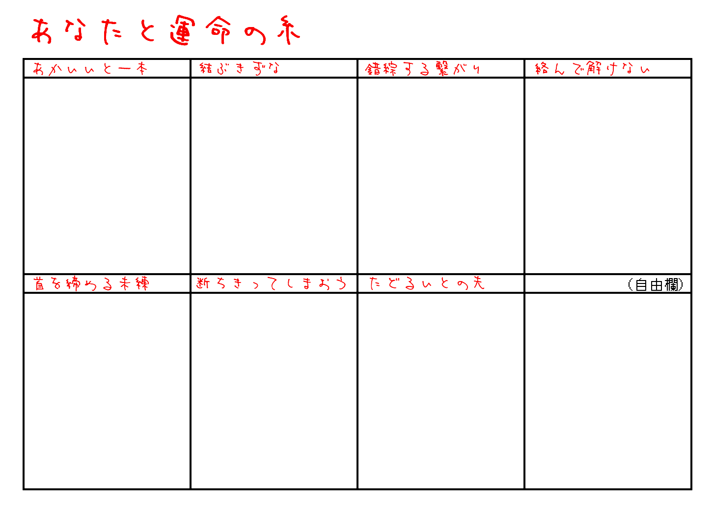 暮宙シュン Twitterren 唐突にこういう運命の糸によろこびかなしみくるしみ誰かと出会うキャラクターが見たくなったので適当に作った みんなほのぼの殺伐しよう テンプレはごじゆうにお使いください Http T Co Mr2sfuwec6